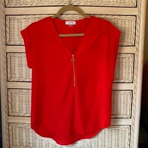 Express gold zip up red blouse- like new